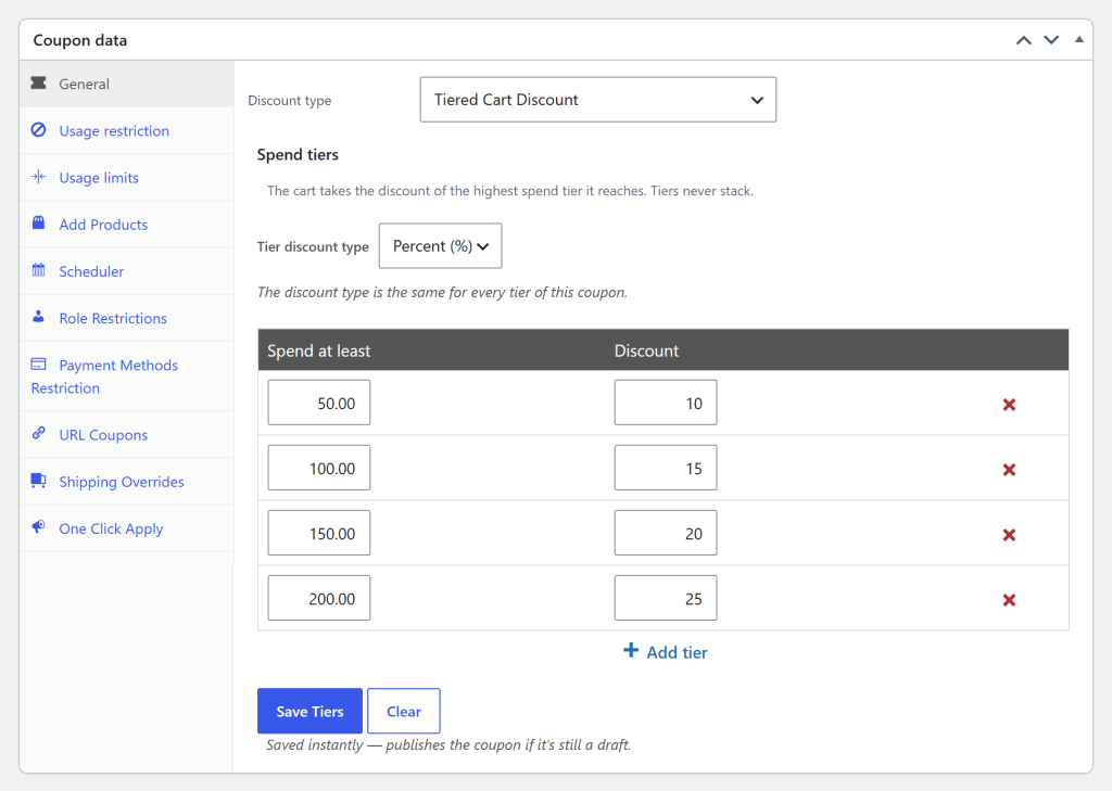 Tiered Cart Discount coupon with four Percent tiers: 10% off at 50, 15% off at 100, 20% off at 150, and 25% off at 200