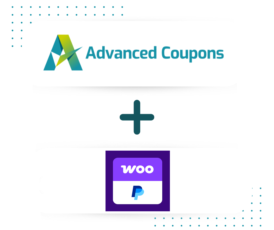 Logo Advanced Coupons avec un signe plus vers l'intégration WooCommerce PayPal (logos de marque)