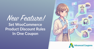 Banner announcing a new WooCommerce feature: set product discounts with one coupon, illustrated with a woman and discount icons.