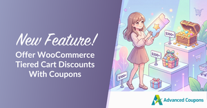 Banner announcing a new feature: WooCommerce tiered cart discounts with coupons; illustration shows a girl holding coupons beside treasure chests and gift boxes, Advanced Coupons logo edge.