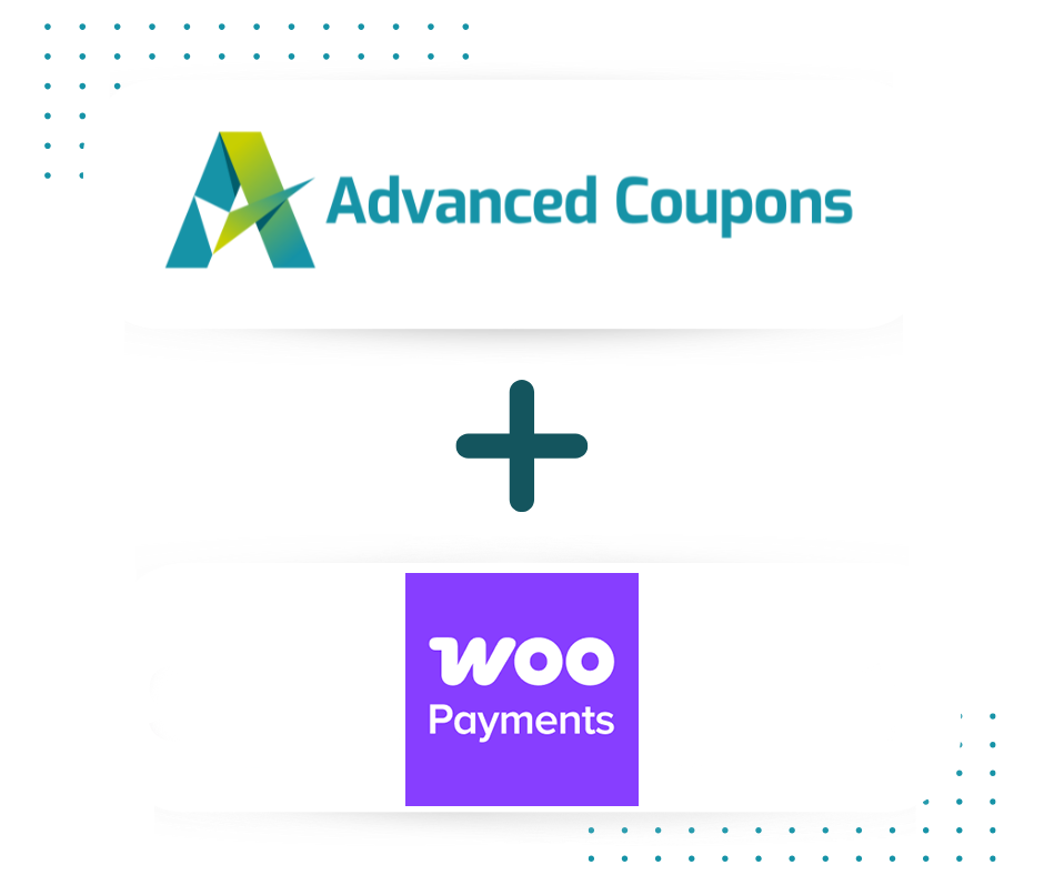 Loghi Advanced Coupons e Woo Payments con un segno più, che indica un'integrazione o una partnership.