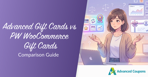 Illustration of a woman at a laptop with floating icons and charts, looking puzzled, for a gift cards comparison guide (Advanced Coupons).