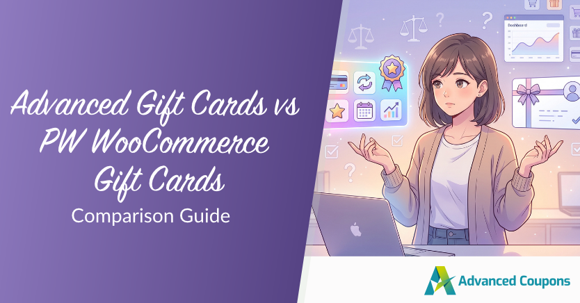 Illustration of a woman at a laptop with floating icons and charts, looking puzzled, for a gift cards comparison guide (Advanced Coupons).