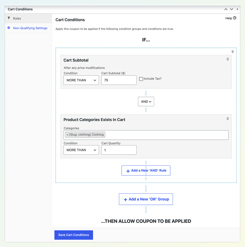 Advanced Coupons cart conditions rule builder showing grouped conditions with AND/OR logic