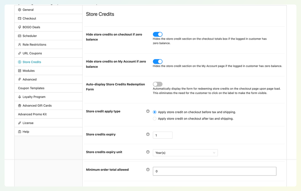 Advanced Coupons store credit settings with expiry and apply type options
