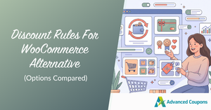 Discount Rules For WooCommerce Alternative (Options Compared) — illustrated woman with an ecommerce dashboard and the Advanced Coupons logo.