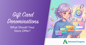 Left: purple gradient panel with 'Gift Card Denominations' title; right: illustrated girl with a tablet, coupons, coins, and a tag icon; Advanced Coupons logo bottom right.