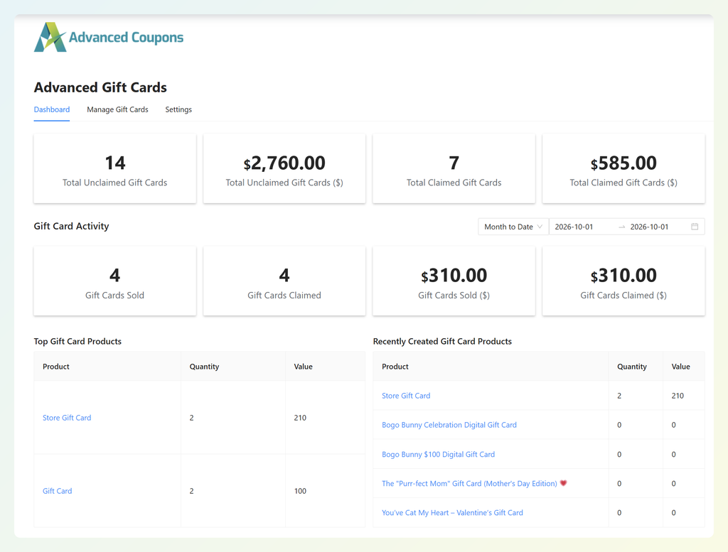 Advanced Gift Cards dashboard showing gift cards sold, claimed, and still unclaimed