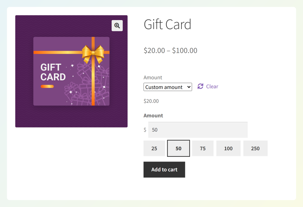 Variable gift card product page with Custom amount selected, a 20 to 100 dollar price range, amount field, and five preset buttons