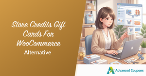 Banner promoting store credits and gift cards for a WooCommerce alternative, showing a woman at a desk with a laptop and ecommerce dashboard visuals.