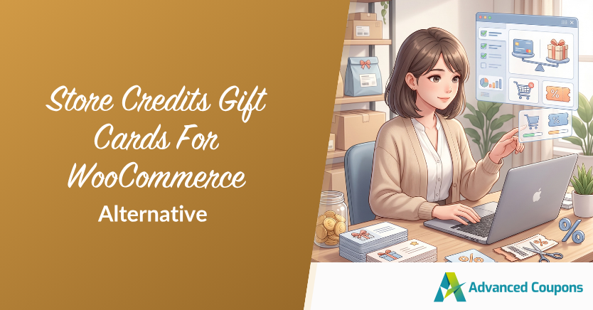Banner promoting store credits and gift cards for a WooCommerce alternative, showing a woman at a desk with a laptop and ecommerce dashboard visuals.