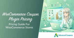 Pricing guide for WooCommerce Coupon Plugin; woman at a laptop beside a charted dashboard on a green panel background.