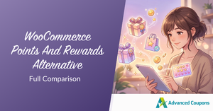 Hero image for 'WooCommerce Points And Rewards Alternative full comparison' showing a woman with a tablet and floating gift/coin icons; Advanced Coupons logo visible on bottom.