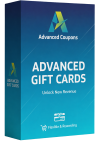 Box for Advanced Coupons' Advanced Gift Cards with tagline 'Unlock New Revenue' and 'Flexible & Rewarding' on a blue gradient background