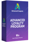 Purple box for the Active Loyalty Program showing 'Advanced Loyalty Program' and the Advanced Coupons logo with 'Earn & Redeem Rewards' text.